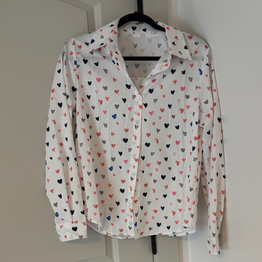 Women’s White Button-Down Shirt with Multi-Color Heart Print